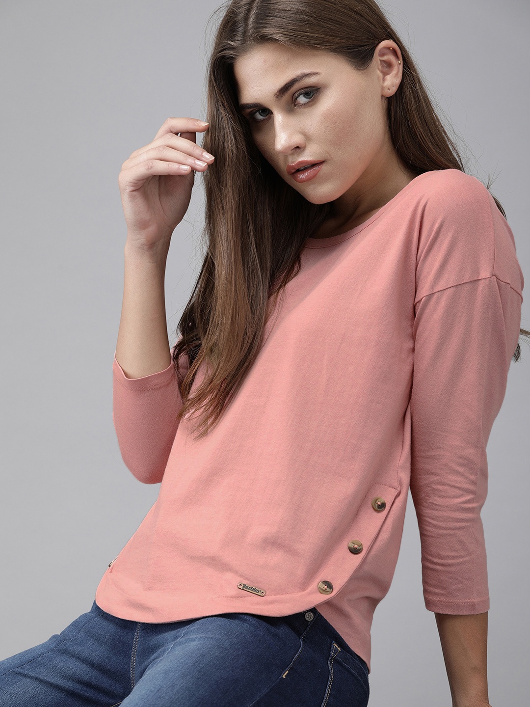 

Roadster Women Pink Solid Pure Cotton Top with Button Details on Side