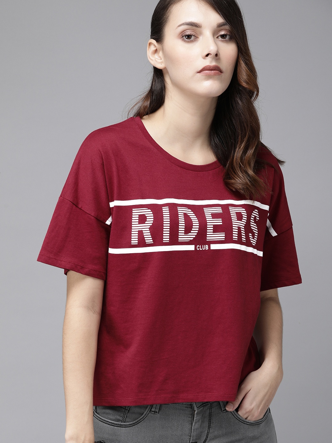 

Roadster Women Maroon Printed Round Neck Pure Cotton T-shirt