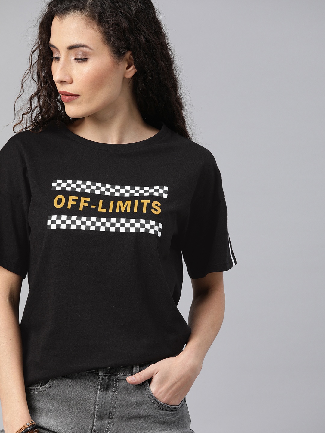 

Roadster Women Black Printed Round Neck Pure Cotton T-shirt with Sleeve Stripes