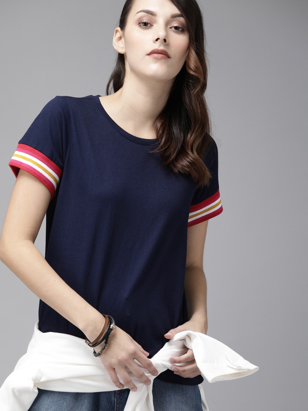 

Roadster Women Navy Blue Solid Round Neck Contrast Rib Pure Cotton T-shirt