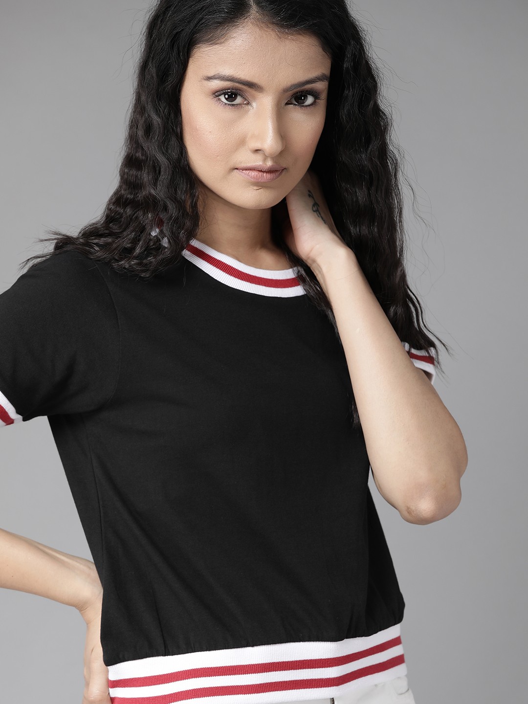 

Roadster Women Black Solid Knitted Crop Pure Cotton Top With Striped Detailing