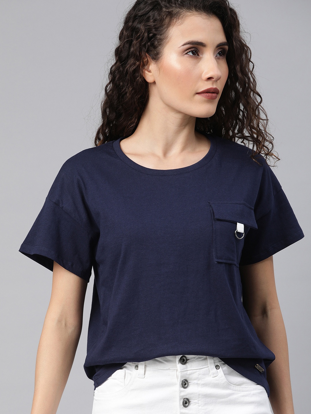 

Roadster Women Navy Blue Solid Round Neck Pure Cotton T-shirt with Pocket