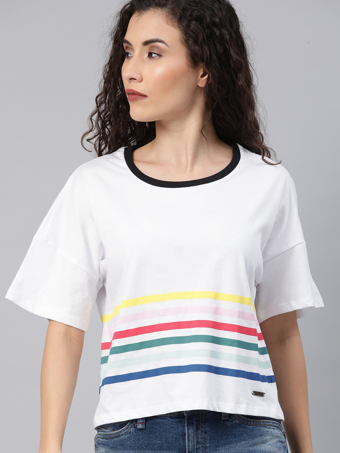 

Roadster Women White Blue Boxy Fit Striped Round Neck Pure Cotton T-shirt