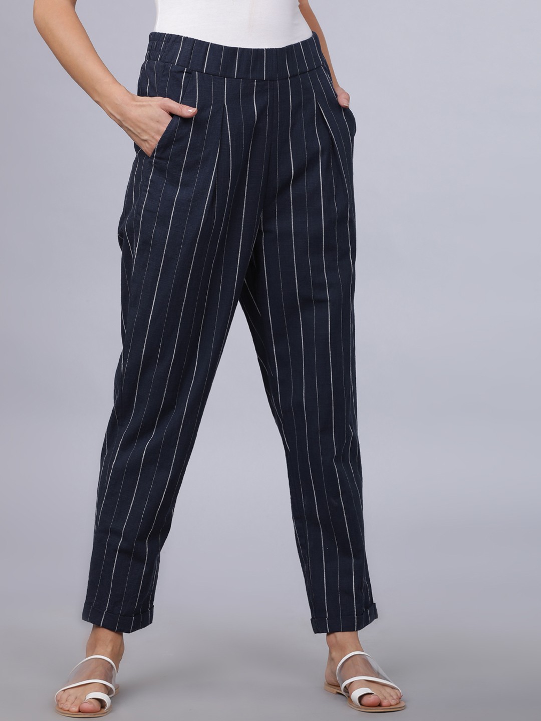 

Tokyo Talkies Women Navy Blue & White Regular Fit Striped Trousers