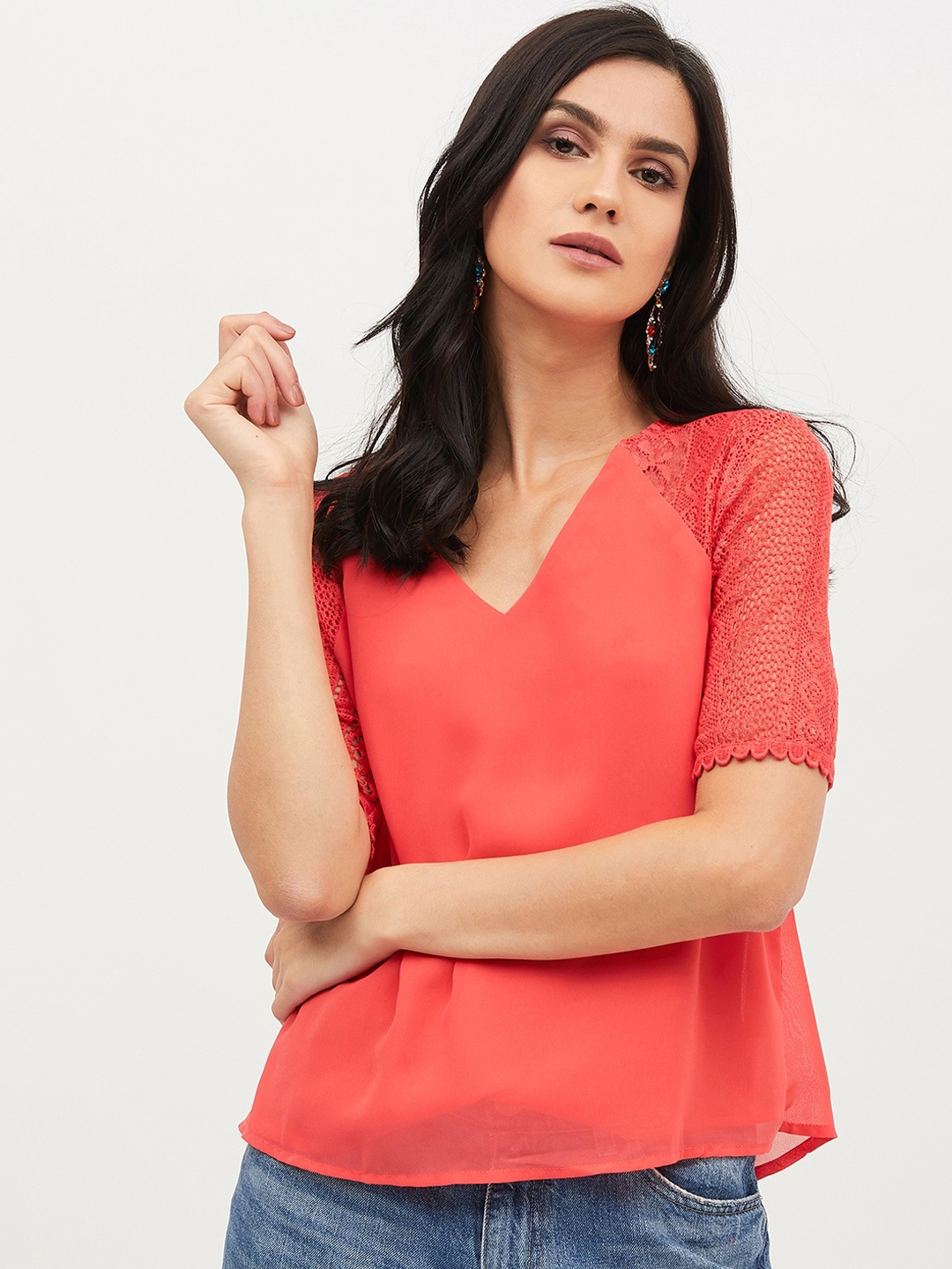 

Harpa Women Coral Red Self Design A-Line Top