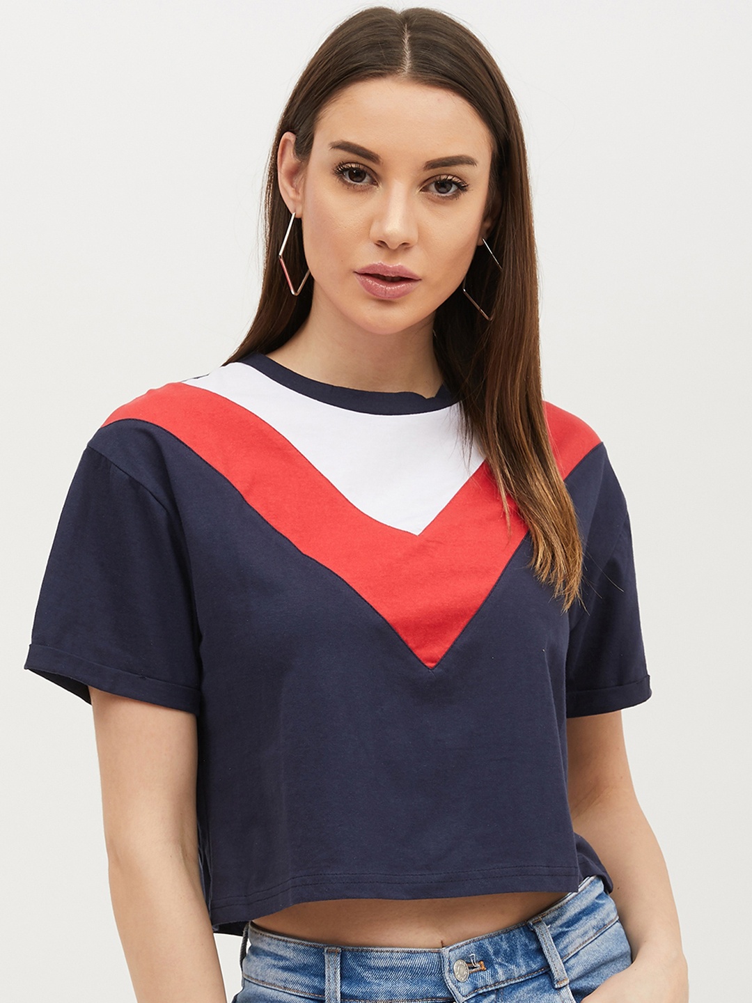 

Harpa Women Navy Blue Colourblocked Boxy Pure Cotton Top