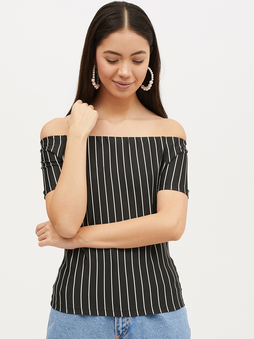 

Harpa Women Black & White Striped Bardot Top