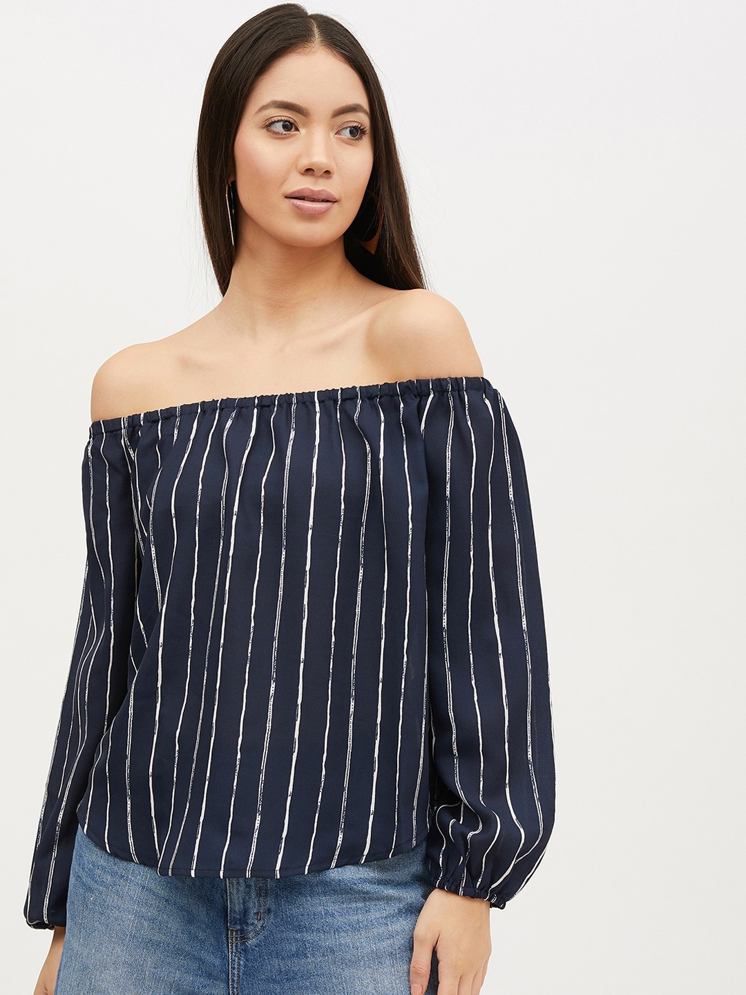 

Harpa Women Navy Blue Striped Bardot Top