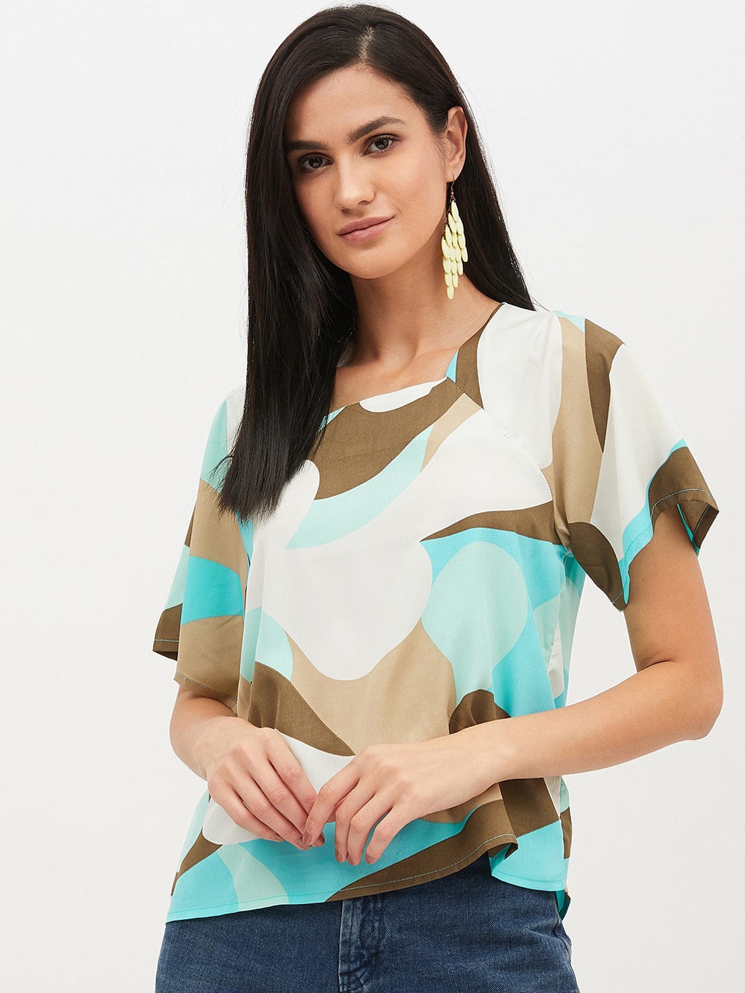 

Harpa Women Turquoise Blue & Beige Printed Top