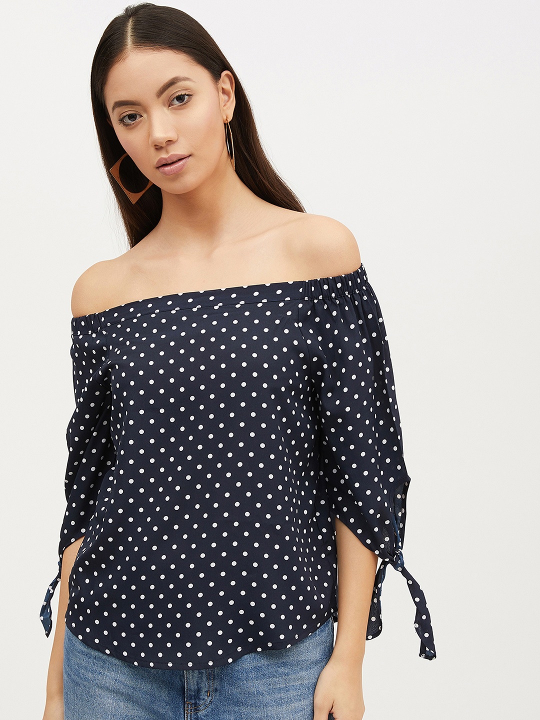 

Harpa Women Navy Blue Printed Bardot Top