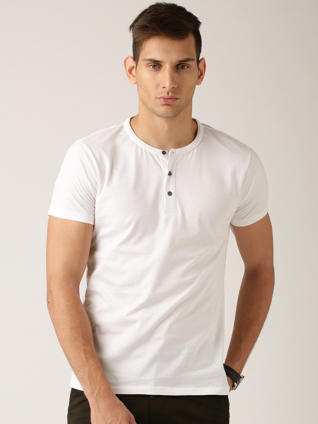 

ETHER White Henley Pure Cotton T-shirt