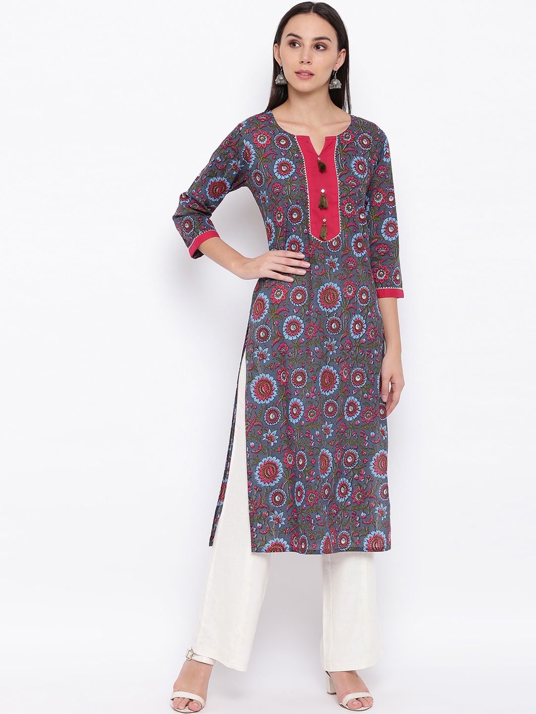 

Vbuyz Women Grey & Pink Printed Straight Kurta