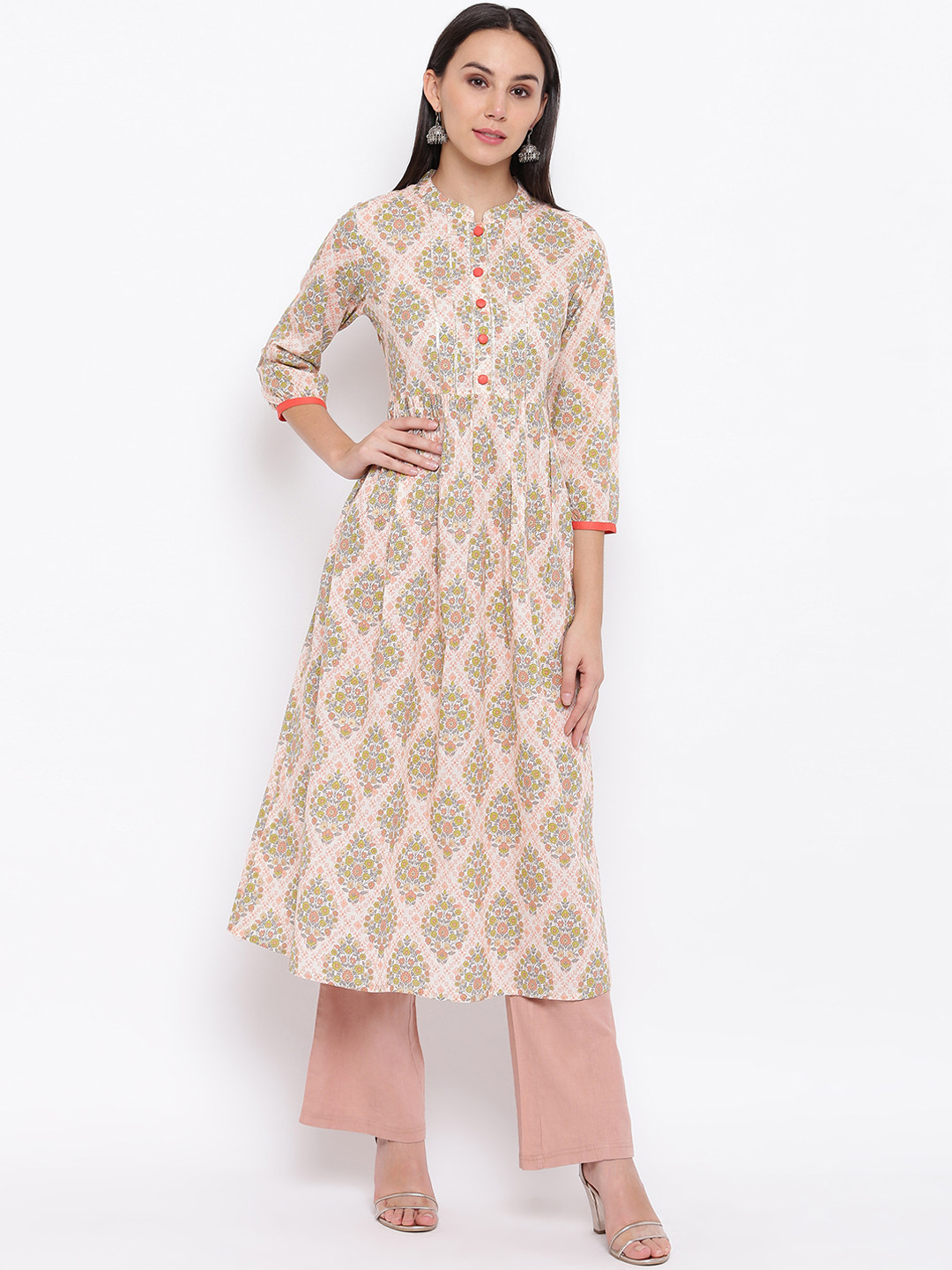 

Vbuyz Women Beige & Green Printed Anarkali Kurta