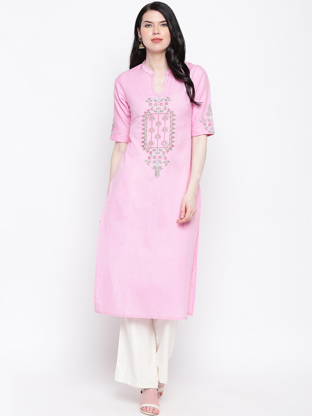 

Vbuyz Women Pink Embroidered Straight Kurta