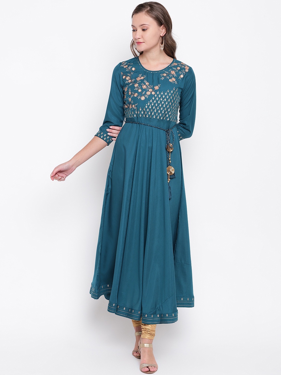 

Vbuyz Women Teal Blue Embroidered A-Line Kurta
