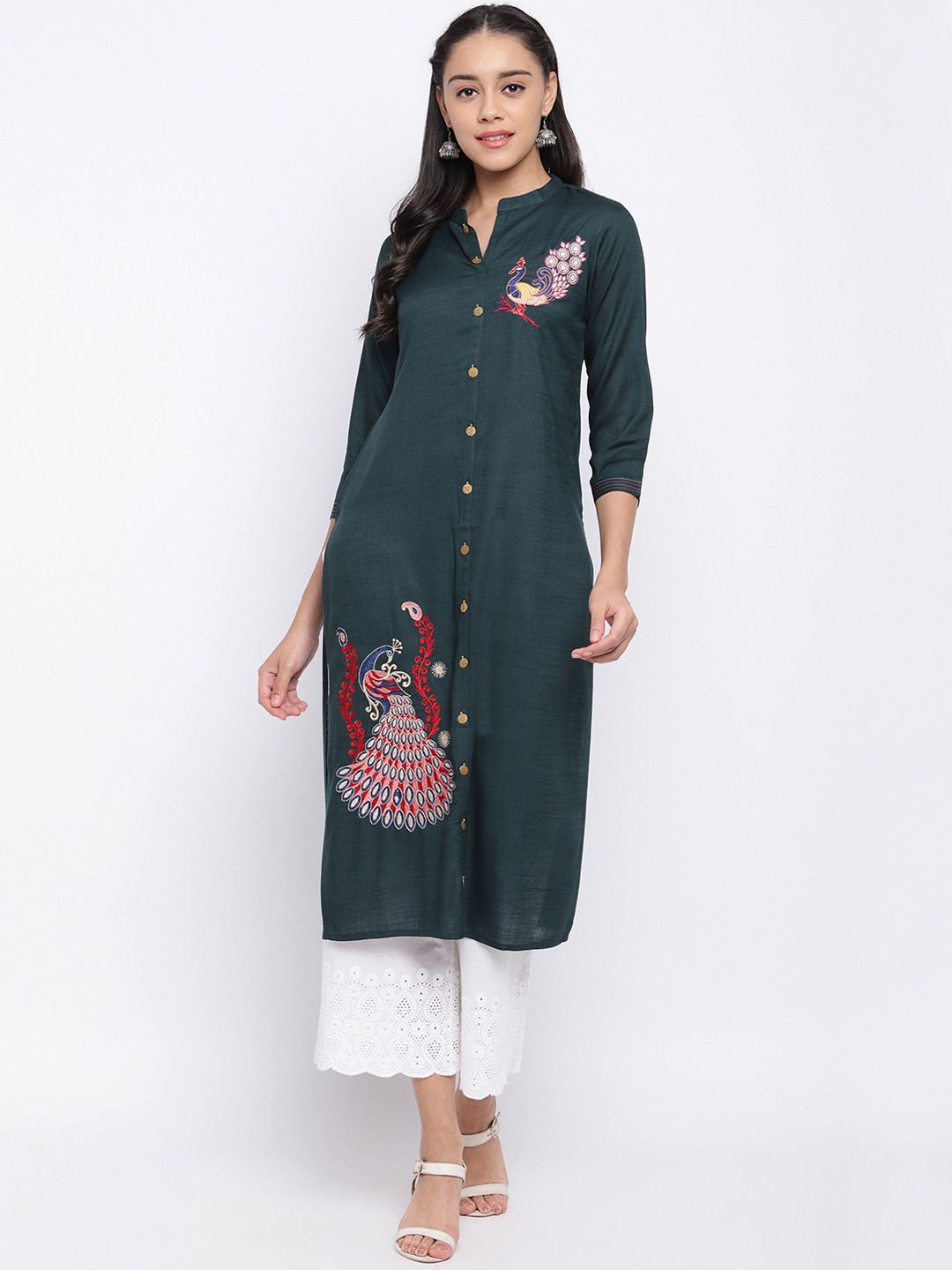 

Vbuyz Women Teal Green Embroidered Straight Kurta