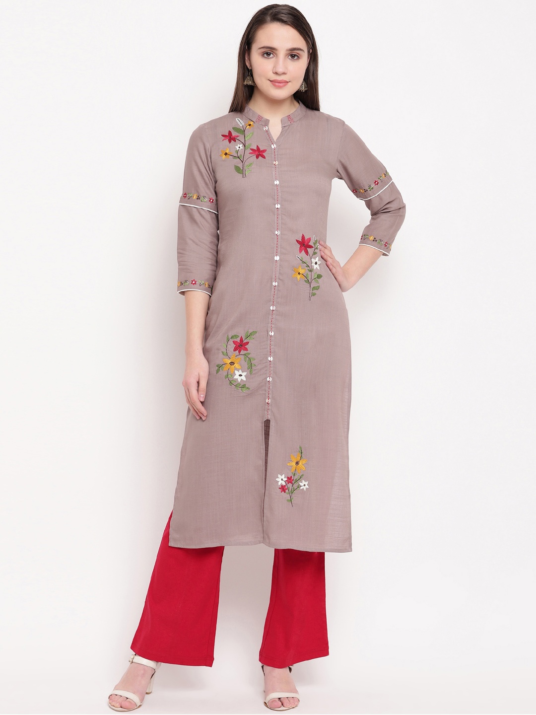 

Vbuyz Women Taupe & Red Embroidered Straight Kurta