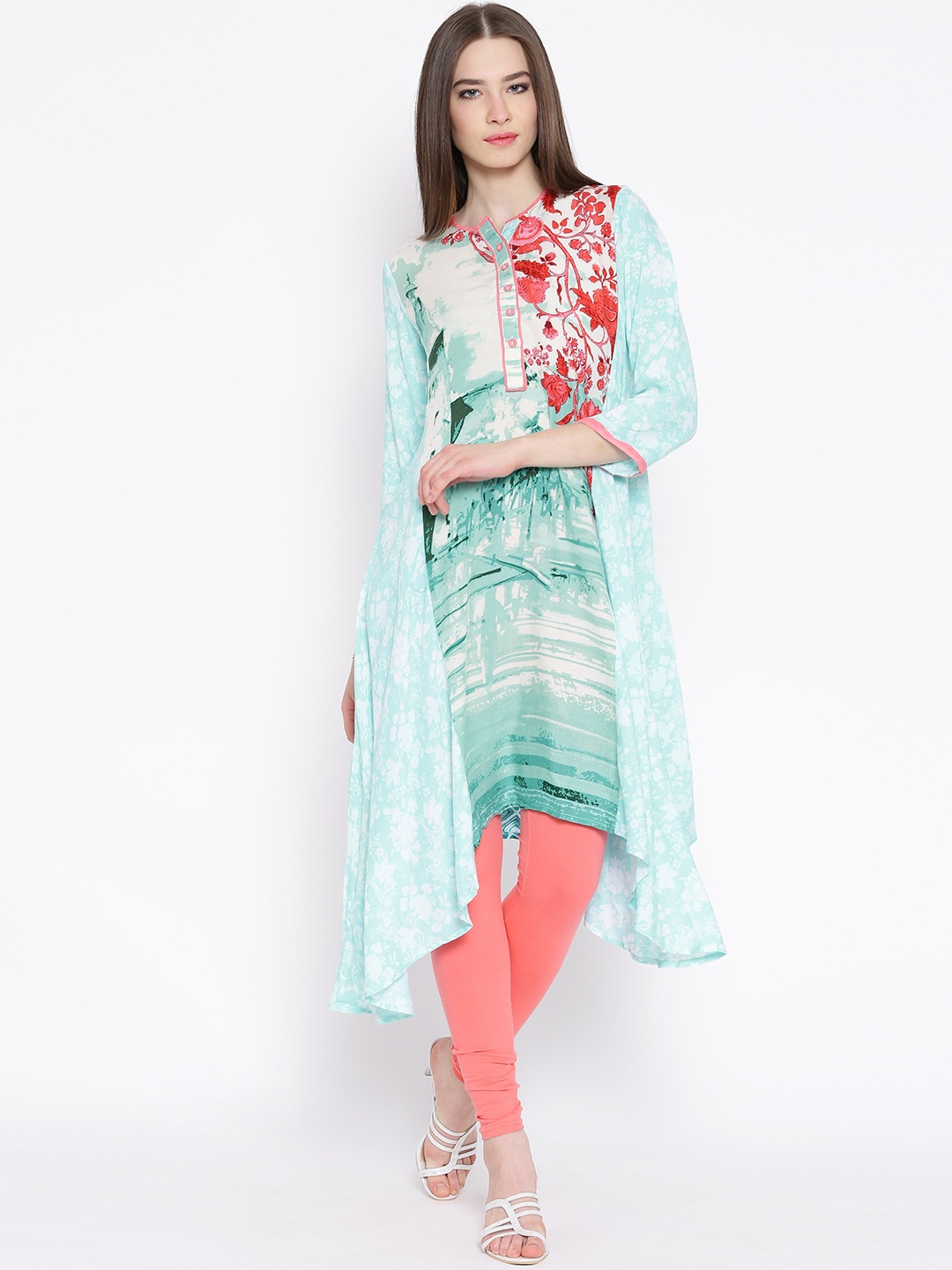 

BIBA Turquoise Blue & Green Printed Asymmetric Kurta
