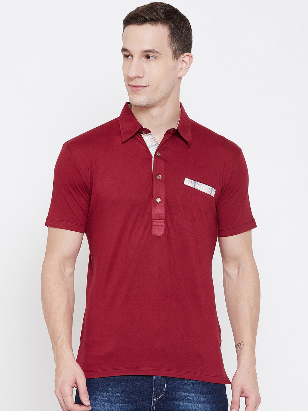 

armure Men Maroon Checked Polo Collar T-shirt