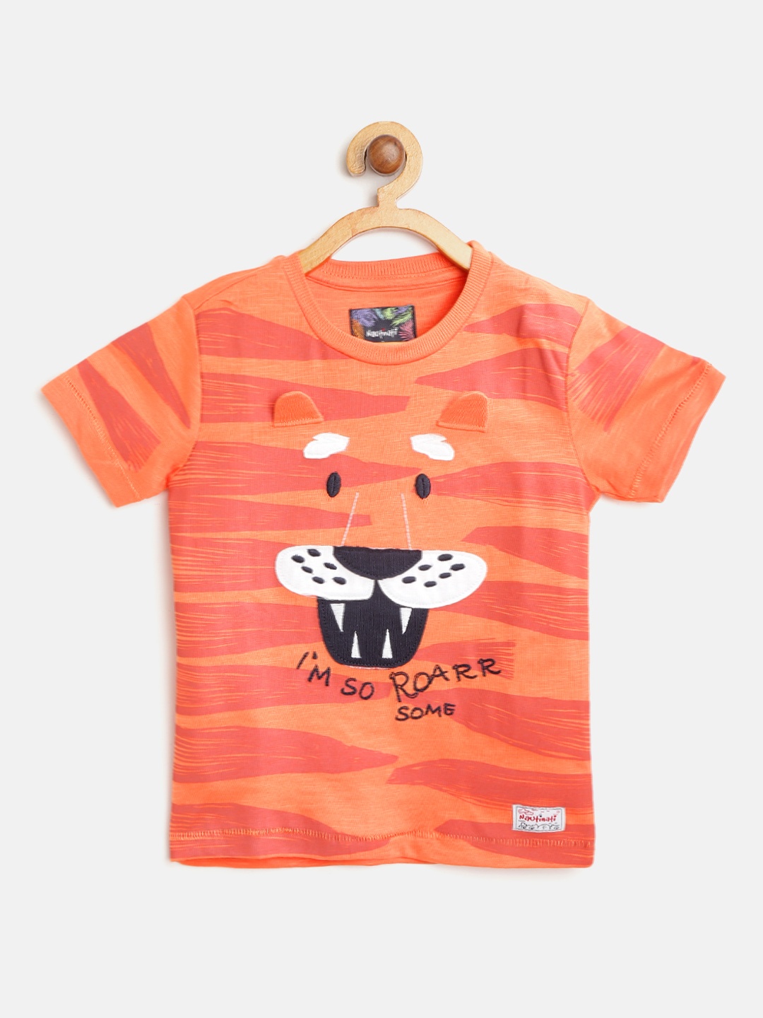 

Nauti Nati Boys Orange Abstract Print Round Neck T-shirt With Tiger Applique Detail
