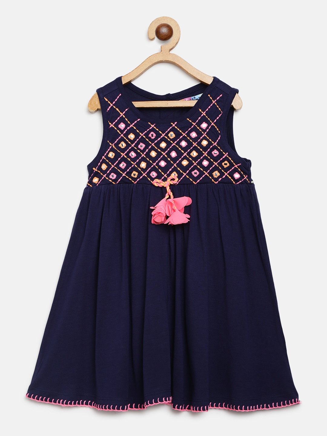 

Nauti Nati Girls Navy Blue Solid Empire Dress with Mirror Work Detail