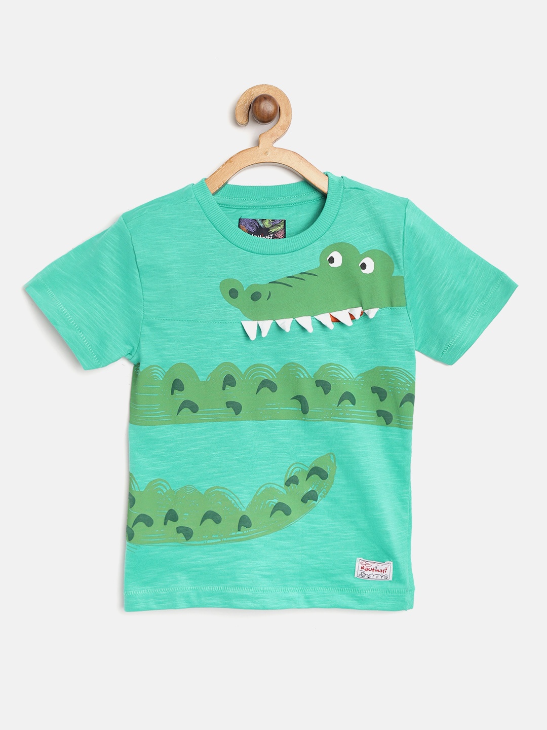

Nauti Nati Boys Green Printed Round Neck Pure Cotton T-shirt