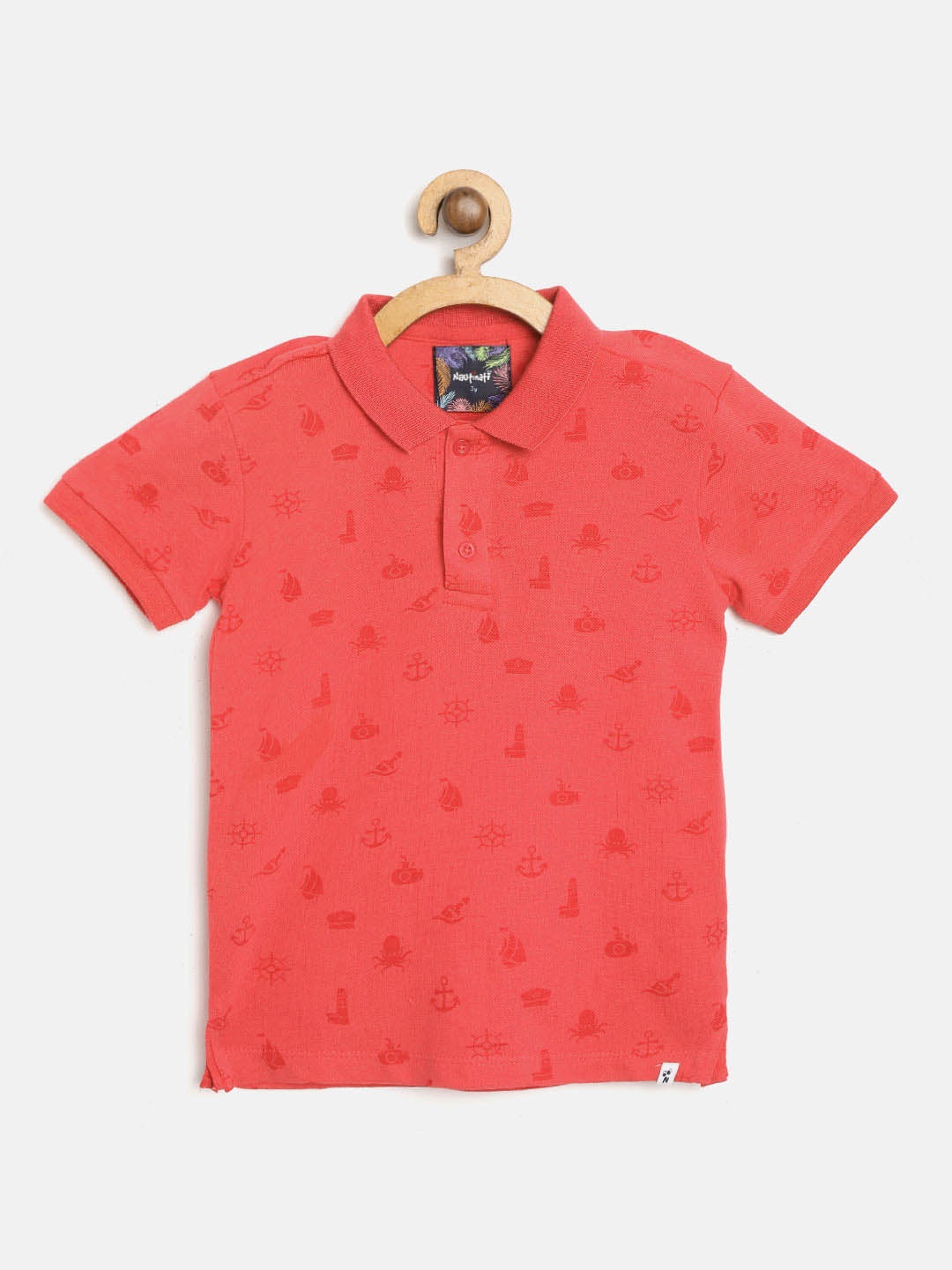 

Nauti Nati Boys Coral Red Printed Polo Collar Pure Cotton T-shirt