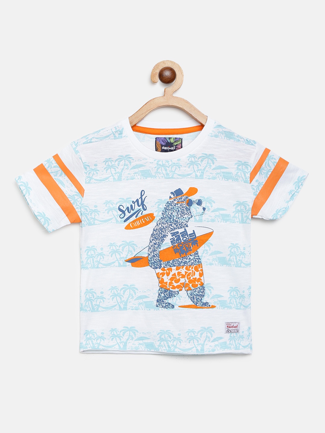 

Nauti Nati Boys White & Blue Tropical Printed Round Neck T-shirt