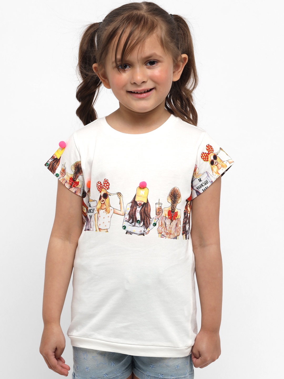 

Nauti Nati Girls White Printed Round Neck T-shirt