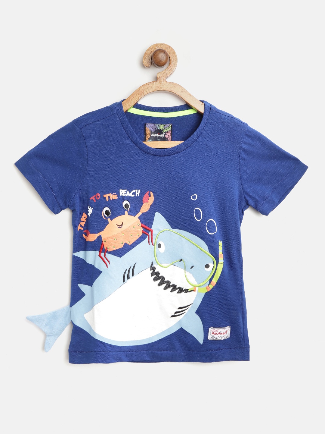 

Nauti Nati Boys Blue Shark & Crab Print Round Neck T-shirt With Applique Detail