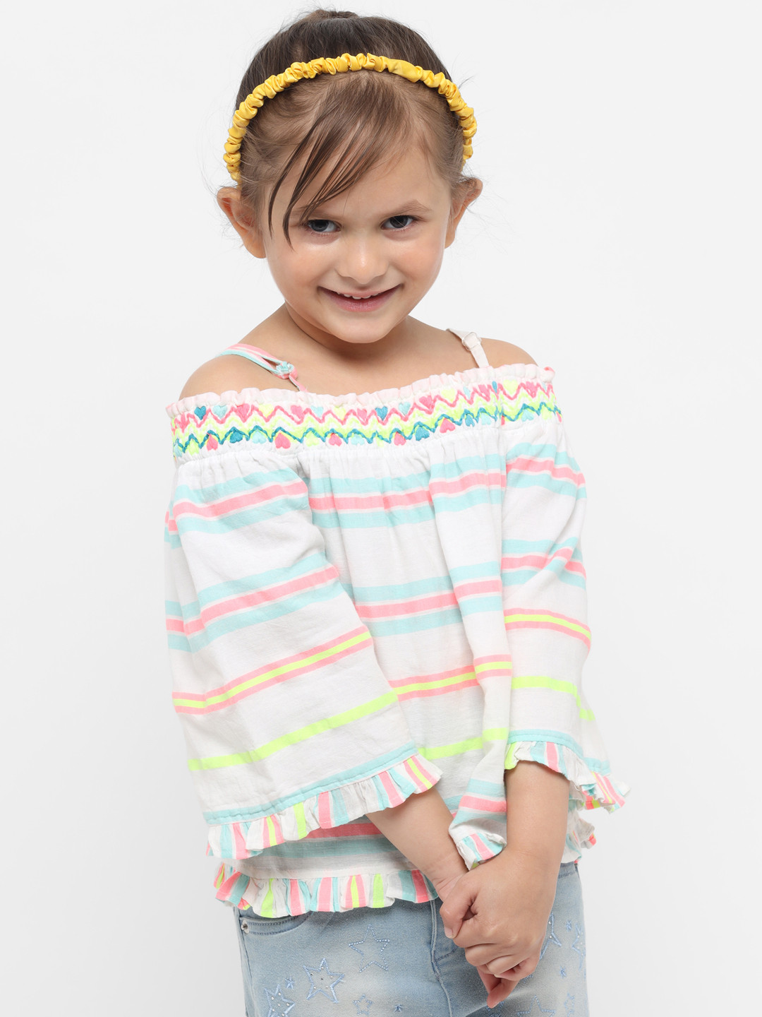 

Nauti Nati Girls White & Blue Striped Bardot Pure Cotton Top