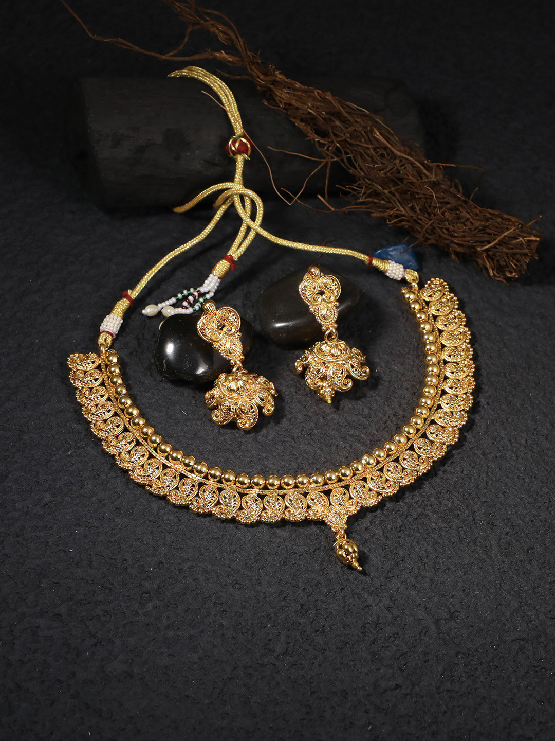 

Adwitiya Collection Gold-Plated Antique Necklace & Earrings Jewellery Set