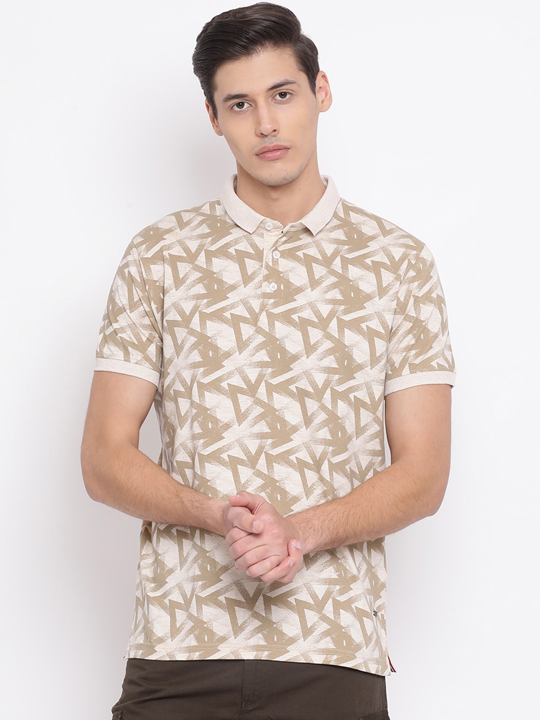 

Crimsoune Club Men Beige & Off-White Printed Polo Collar T-shirt