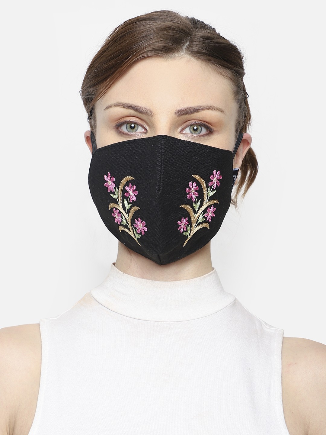 

Anekaant Women 3-Ply Black & Pink Floral Embroidered Reusable Cotton Masks