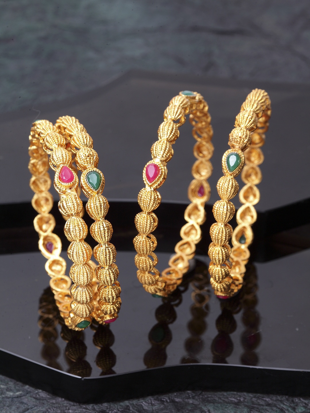 

Shining Diva Set Of 4 Gold-Plated Pink & Green Stone-Studded Antique Bangles