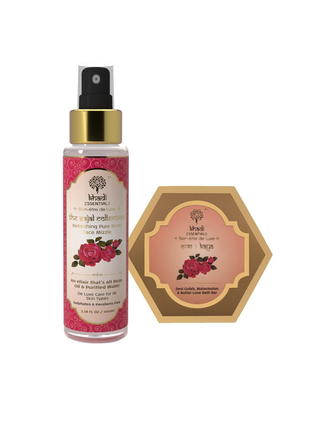 

KHADI ESSENTIALS Unisex Pack Of Pure Rose with Loofah Soap & Rose Face Mist, Gold