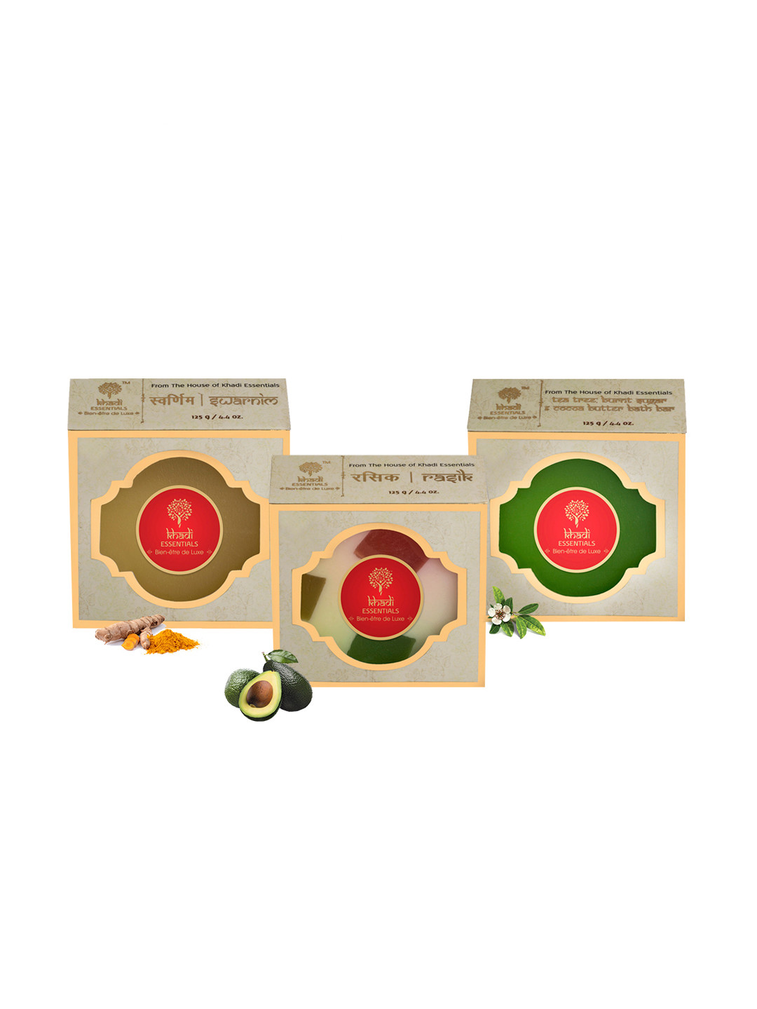 

KHADI ESSENTIALS Pack of 3 Handmade Soaps Tea Tree, Haldi Chandan & Creamy Fruit 375 g, Green