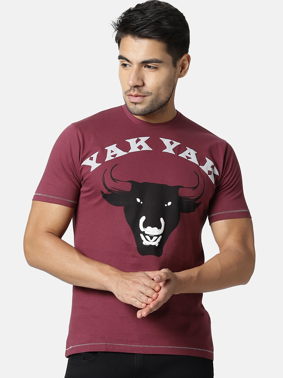 

YAK YAK Men Magenta Printed Round Neck T-shirt