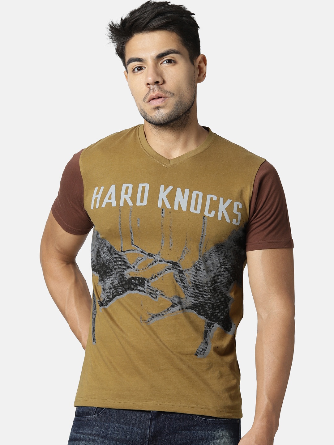 

YAK YAK Men Olive Green Printed V-Neck T-shirt