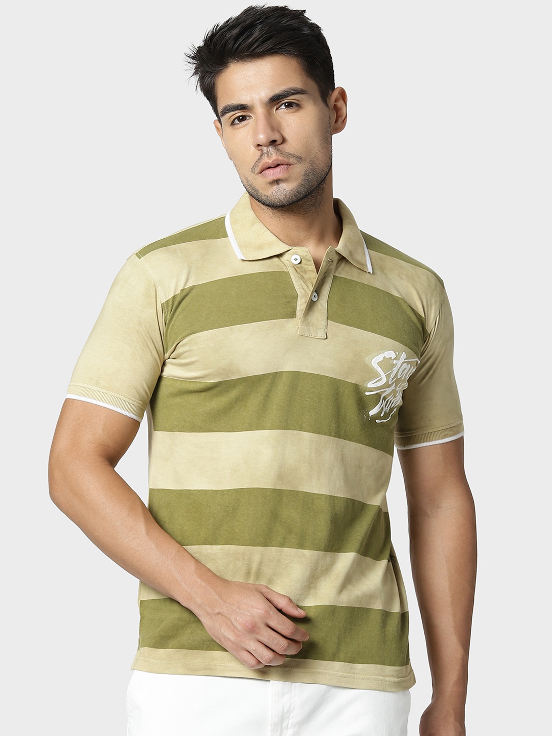 

YAK YAK Men Green Striped Polo Collar T-shirt