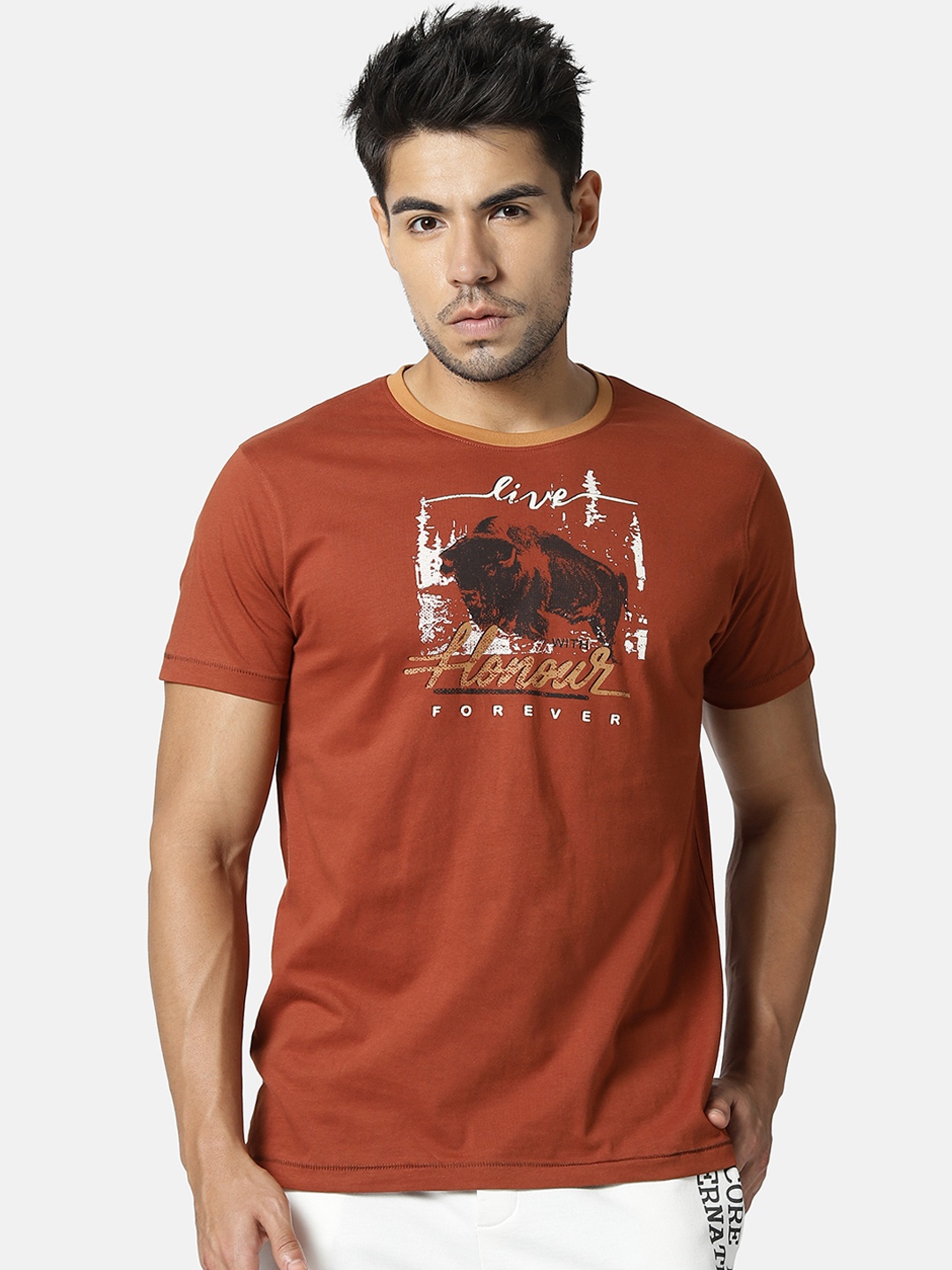 

YAK YAK Men Rust Orange Printed Round Neck T-shirt