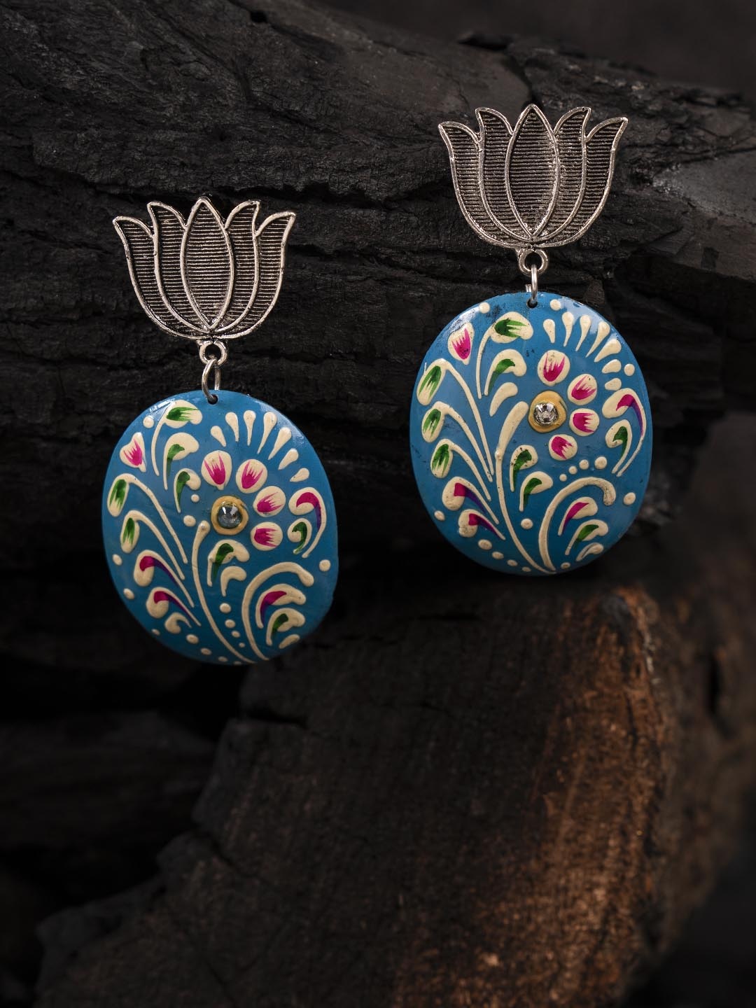 

Shoshaa Blue & Gunmetal-Toned Dome Shaped Drop Earrings
