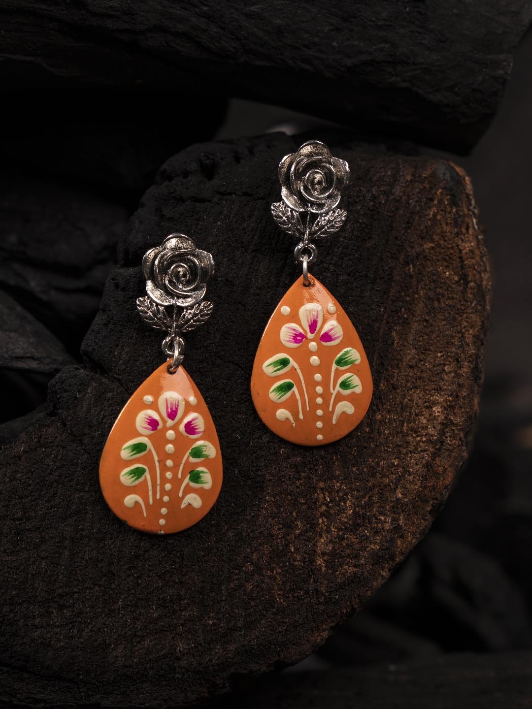 

Shoshaa Orange & Gunmetal-Toned Teardrop Shaped Drop Earrings