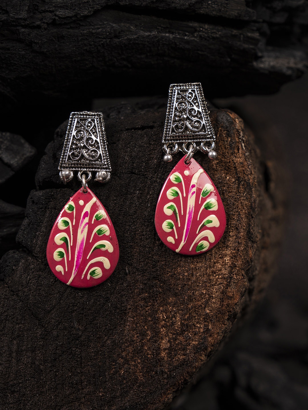 

Shoshaa Pink & Gunmetal-Toned Teardrop Shaped Drop Earrings