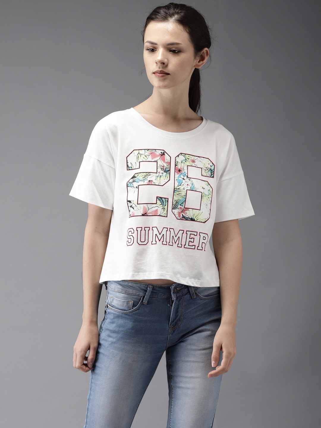 

Flying Machine Women White Printed Round Neck Boxy Pure Cotton T-shirt