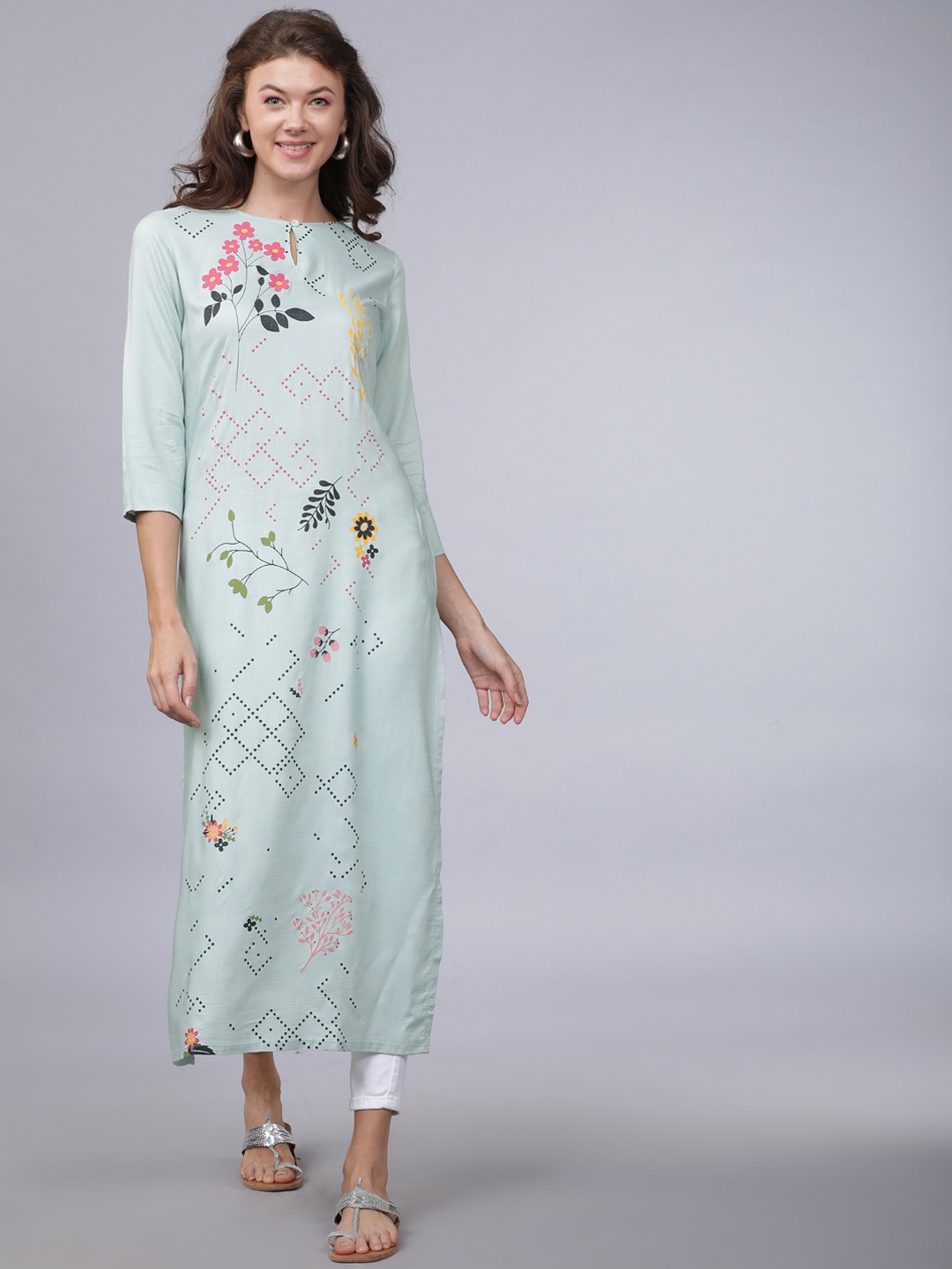 

Vishudh Women Sea Green & Pink Printed Straight Kurta
