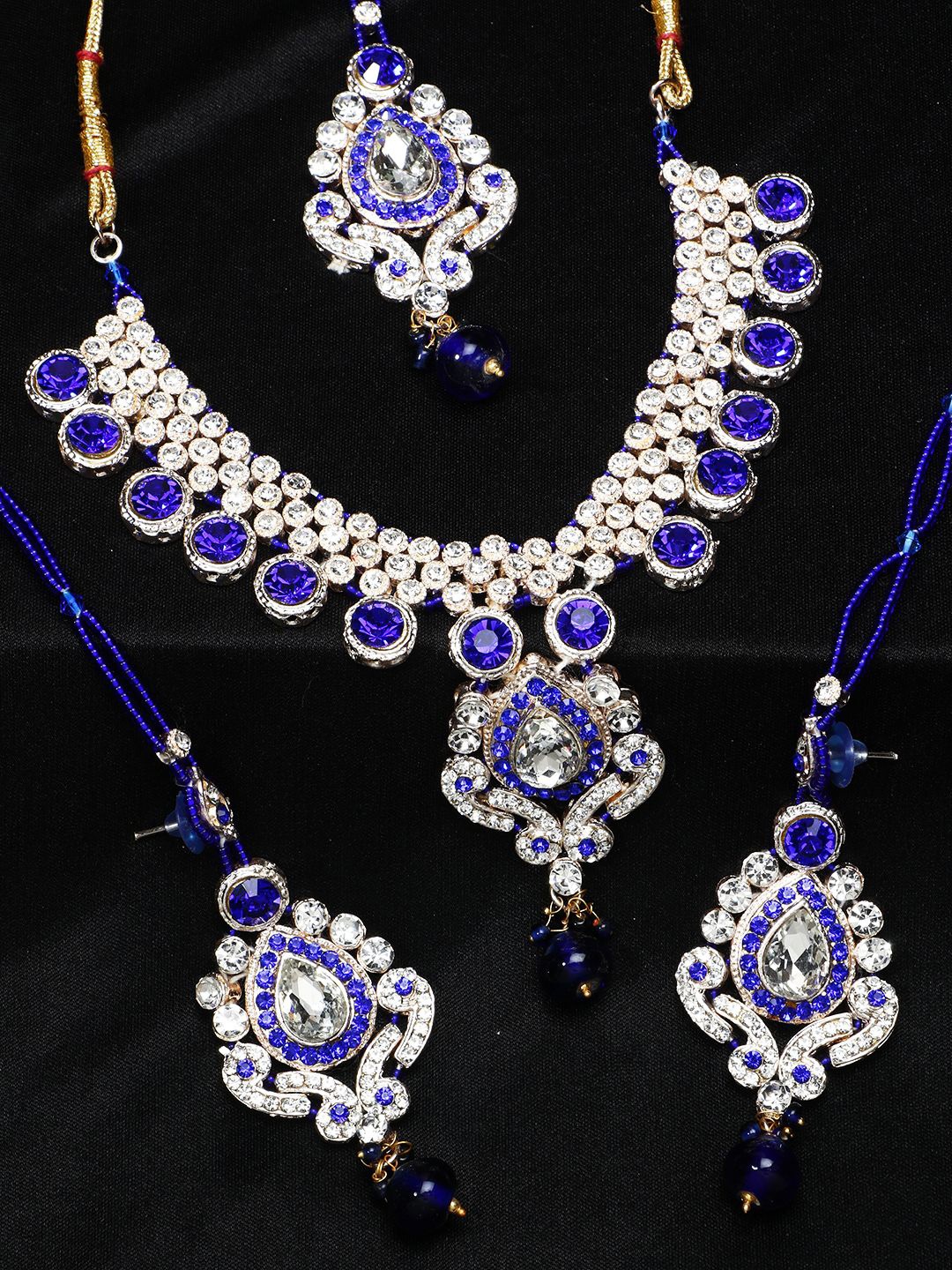 

ANIKAS CREATION Gold-Plated Blue & White Stone-Studded Beaded Jadau Jewellery Set