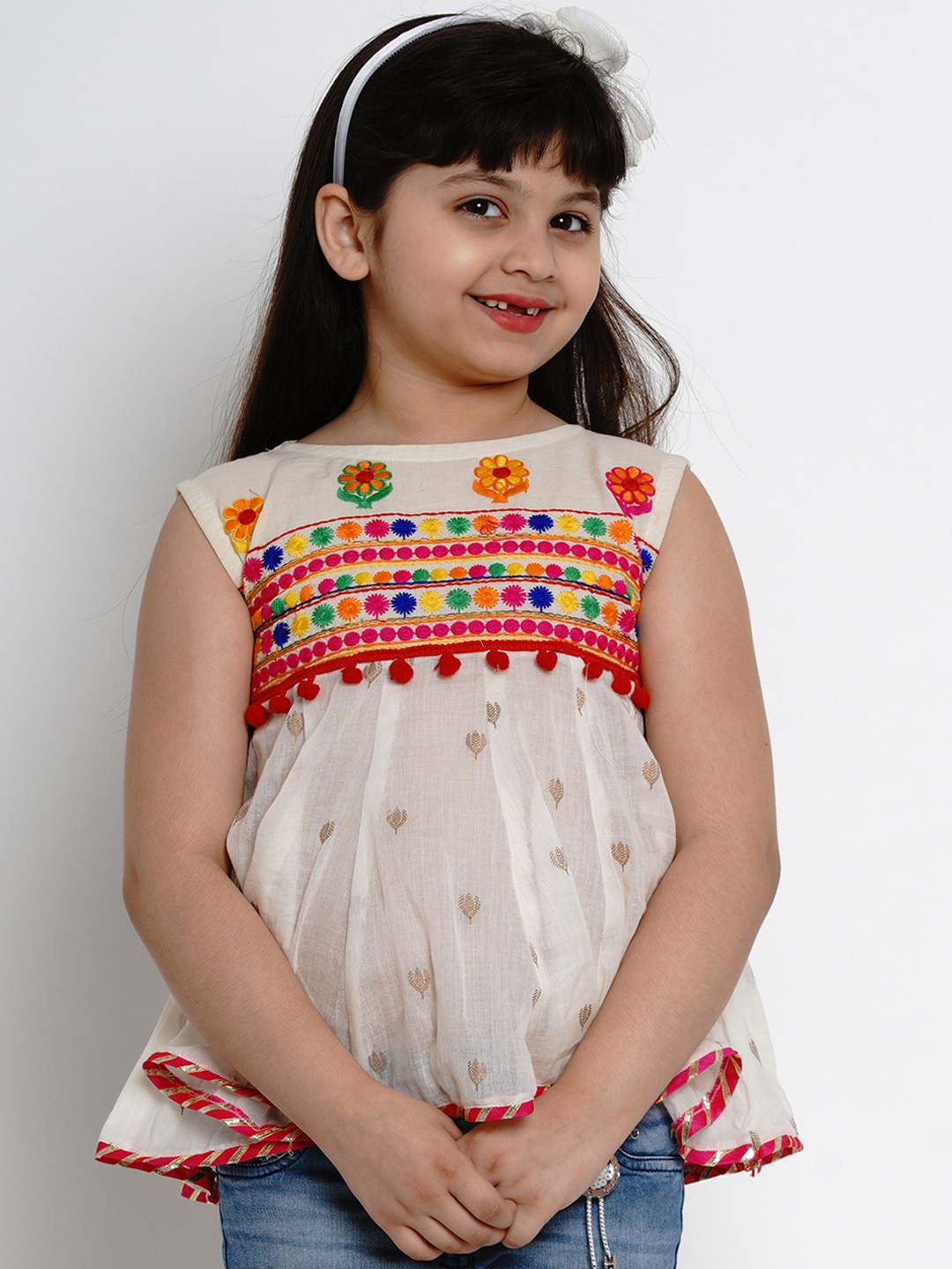 

Bitiya by Bhama Girls Off-White Embroidered A-Line Top