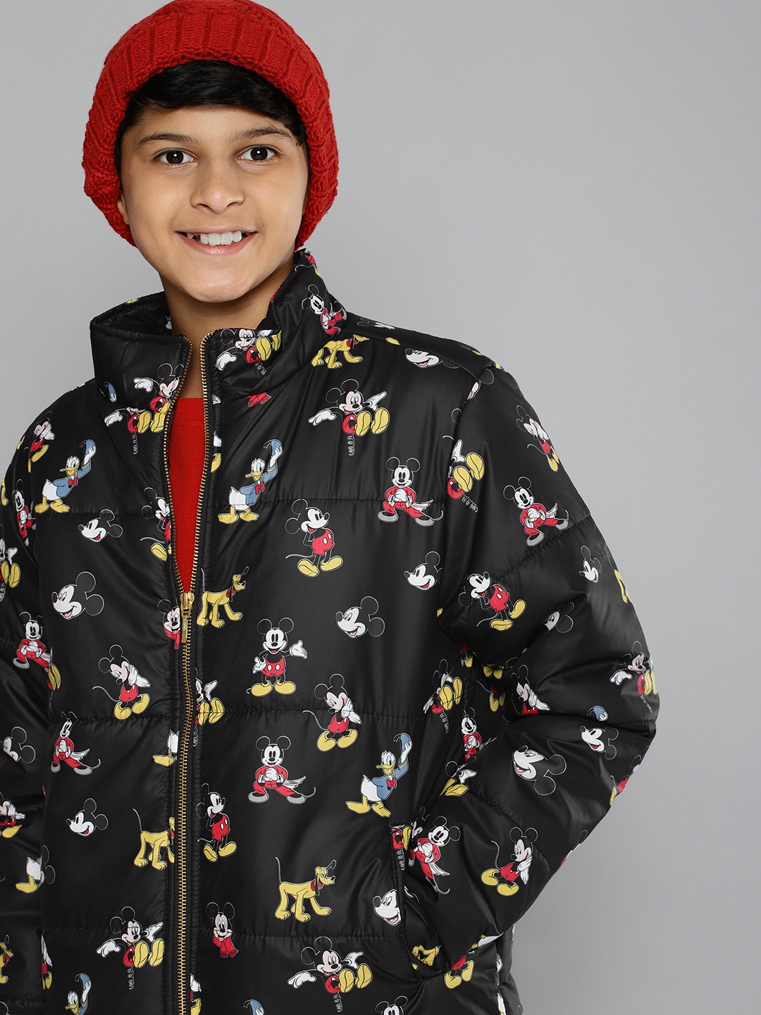 

YK Disney Boys Black & Mustard Yellow Mickey & Friends Printed Padded Jacket