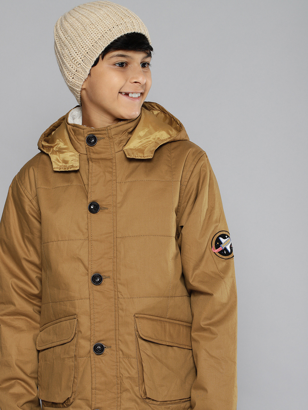 

YK Boys Brown Solid Hooded Padded Jacket